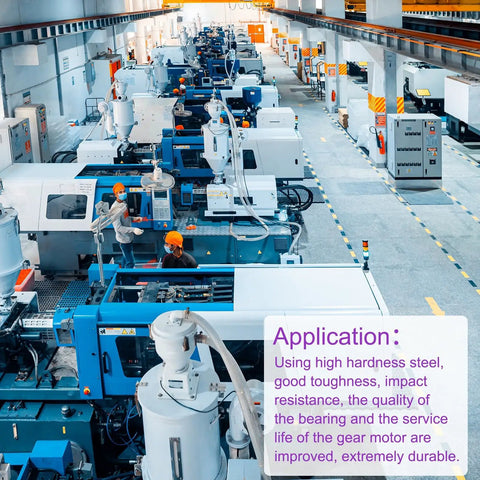 Factory floor with machinery demonstrating gear motor application, high toughness, and durability features.