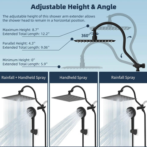 12 Inch All Metal High Pressure Rainfall Shower Head Combo With Handheld shown with adjustable extension arm and spray settings