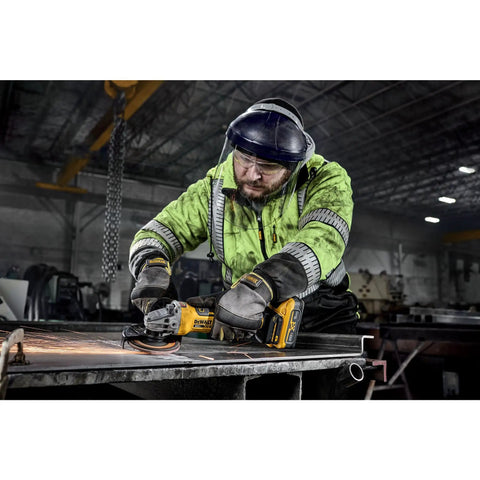 Boss Level Brushless Cordless Angle Grinder 4.5 To 5 Inch Variable Speed Paddle Switch 20 Volt being used for precision grinding.