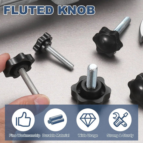 Rock Solid 5/16-18 Black Star Knobs 5 Pack Heavy Duty Plastic Male Thread Clamping Screws for Industrial Furniture and Jigs, showing fluted knobs.
