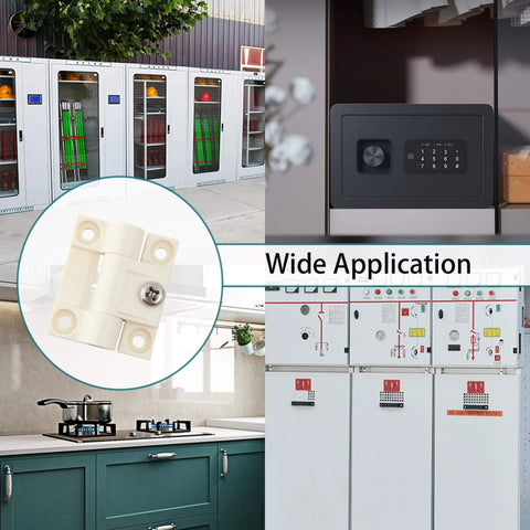 Adjustable Torque Position Control Cabinet Hinges 43x36mm White Plastic, 2 Pack With 8 Screws, 16mm Screw Length, shown in various settings
