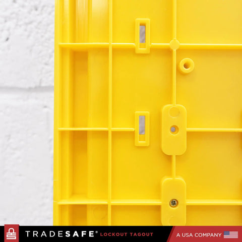 Lockout Tagout Station Unfilled Loto Kit Board With Wall Mount And Transparent Lockable Cover Industrial Grade Polycarbonate Construction Secured Storage For Loto Equipment No Devices Included, side view of yellow board.