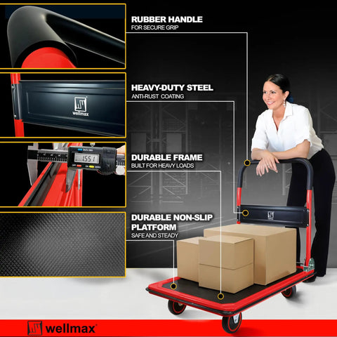 Heavy Duty Foldable Push Cart Dolly With Comfort Grip 660 Pound Capacity Moving Platform Flat Cart showing rubber handle, durable frame, non-slip platform.
