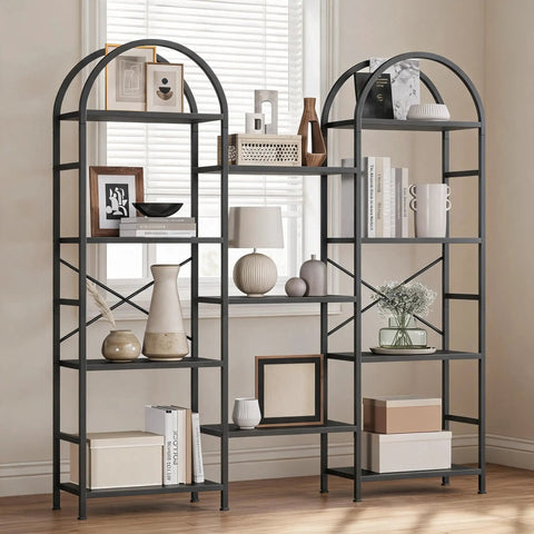 Arched Triple Column Small 4 Tier Bookshelf With Open Display Shelves And Iron Pipe Accents for living room decor