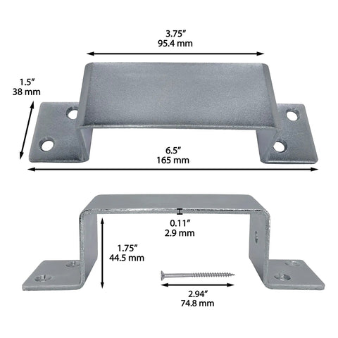 Heavy Duty 4 Pack Door Barricade Brackets With 16 Wood Screws Built Tough 1/8 Inch Galvanized Steel Security Bars For 2X4 Framing, displaying two steel brackets with dimensions.