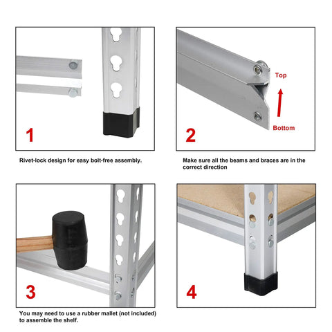 Assembly details of Rock Solid Five Tier Aluminum Storage Shelving Rack With Adjustable Heavy Duty Platforms for garage, showing rivet-lock design.