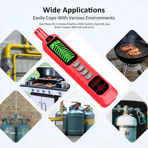 Portable Multi Gas Detector With Quick Response Sensor And Sound And Light Alarm Sniffs Out Methane Propane Natural Gas And Other Flammable Gases Includes Two Batteries Red Ideal For Home And Small Shop Safety shown with usage illustrations.