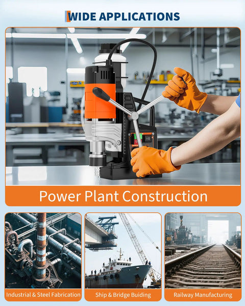 2 Inch Magnetic Drill Press with 1850W Power Forward Reverse Tapping Heavy Duty Mag Drill for Steel and Metal Fabrication High Torque 810 RPM Burr Free Holes, shown with worker using it in an industrial setting.