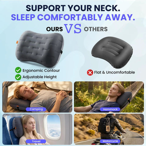 Comparison of Ultralight Camping Pillow With Thick TPU Bladder for No Leak Support with ergonomic design; usage in camping, hammock, travel, and motorcycle.