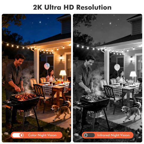 Comparison of 2K Battery Powered Wireless Outdoor Security Camera Kit With Spotlight And Siren Alarm showing color and infrared night vision.