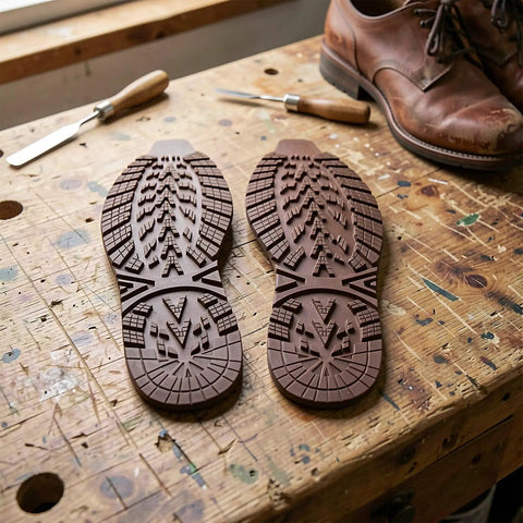 2 Pack Heavy Duty Rubber Sole Replacement Patches for Work Boots and Casual Sneakers on a workbench, cuttable dark brown rubber.