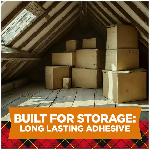 Ridiculously Strong Clear Packing Tape For Moving And Home Storage Boxes Heavy Duty Self Sealing Adhesive 1.88 By 54.6 Yards Three Inch Core Six Roll Pack All Weather Kick Butt Grip Clear Finish on stacked storage boxes in an attic.