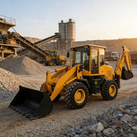 Yellow Three In One Compact Backhoe Loader And Mini Excavator For Farm And Construction Work Built Tough Wheel Loader on site
