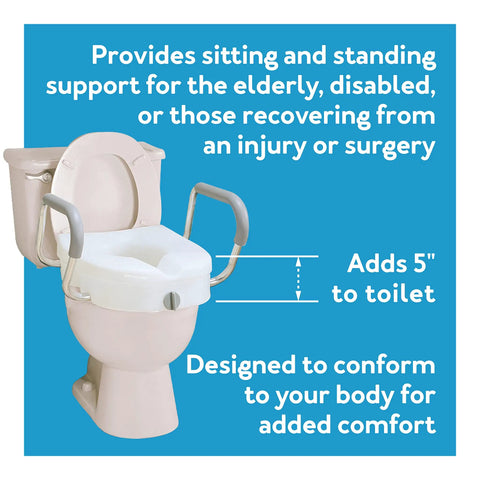 EZ Lock Toilet Seat Riser With Safety Frame, 5 inch lift, padded handles, installed on standard toilet, supports seniors and disabled