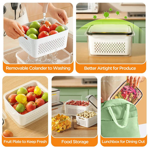 5 Pack Leakproof Produce Containers With Removable Colanders in use, featuring apples in colander and airtight storage bins.