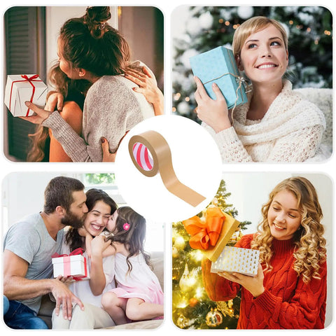 2 Pack Kraft Paper Packing Tape Water Resistant Sealing Tape with happy people holding gifts