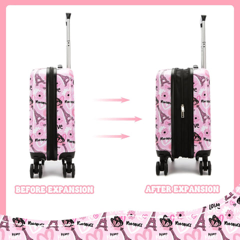 Front view of pink 16-inch hardside kid's luggage with spinner wheels; romance print, before and after expansion
