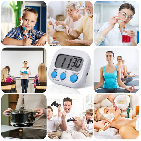 Collage showing Six Pack Magnetic Digital Kitchen Timers Set With Loud Alarm And Large Digits, Countdown To 99 Minutes 59 Seconds, Colorful Multipurpose Timers For Cooking Baking Sports Games Office And Classroom use in various activities.