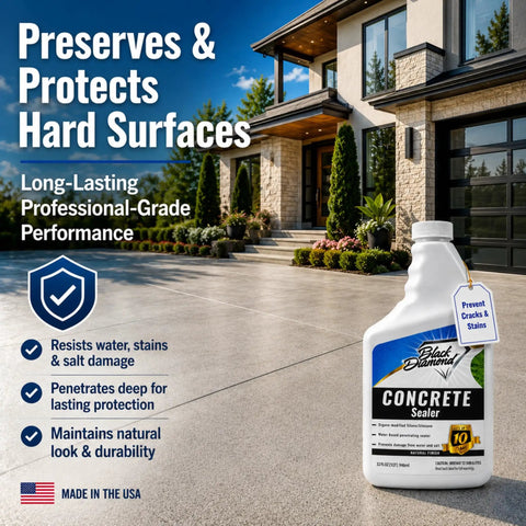 Penetrating Concrete Sealer For Driveways, Patios, Pavers, Brick, Grout And Masonry Protects Indoor And Outdoor Surfaces shown with driveway