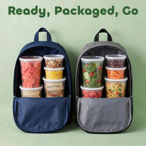 48 Piece Deli Container Set With Lids, 16oz And 32oz Options, shown in backpacks filled with food for easy transport