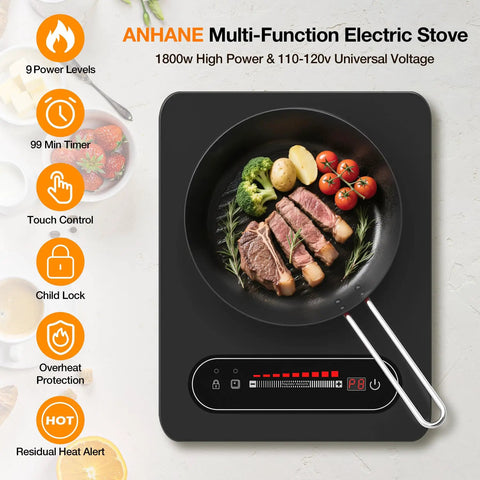 1800W Portable Electric Cooktop With Timer And Child Lock, 11 Inch Single Burner cooking steak and vegetables