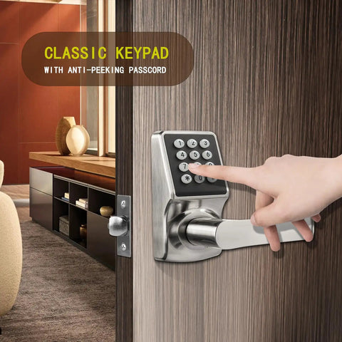 Slick Keyless Entry Door Lock With Handle Offering Hassle Free Digital Keypad And Ic Card Access For Fast Home Or Apartment Use Super Easy Install In Solid Satin Nickel Finish, showing a hand using the keypad.