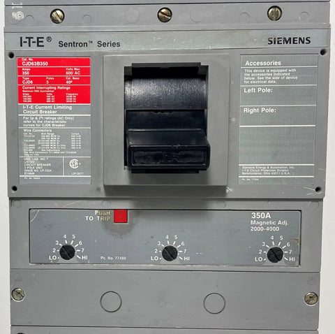 Heavy Duty Three Pole Jd Frame Circuit Breaker Rated At 350 Amps And Six Hundred Vac with control switches and labels.