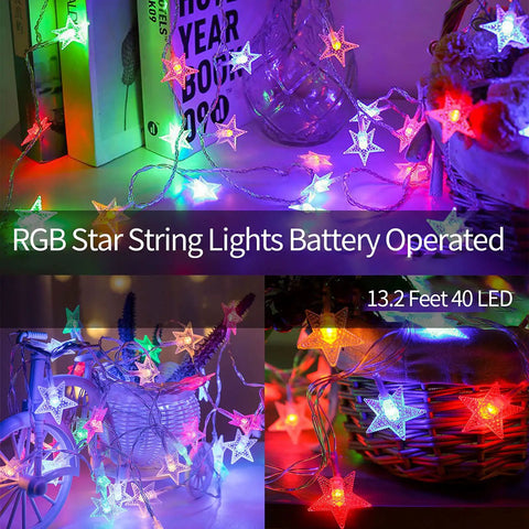Star Shaped String Lights Battery Powered 13ft 40LED Fairy Lights with Timer in Multicolor decoratively hung indoors