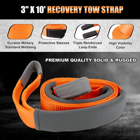 3" x 10' orange recovery tow strap with gray protective sleeves, reinforced loop ends, and high-visibility webbing