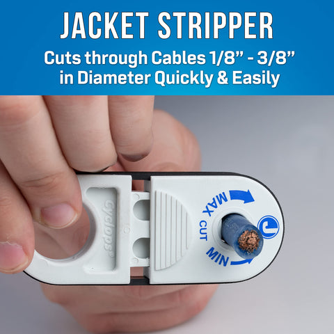 Close-up of a hand using a jacket stripper from the Worksite Ready VDV Installation Tool Kit for precision cable stripping.