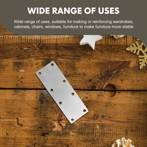 Stainless Steel Flat Brace Brackets 4 Pack for Wood Projects No Fuss Easy Install Joining Plates to Strengthen Flat Angle Joints Rust Resistant Durable Metal Hardware for Furniture DIY Repairs on wooden surface