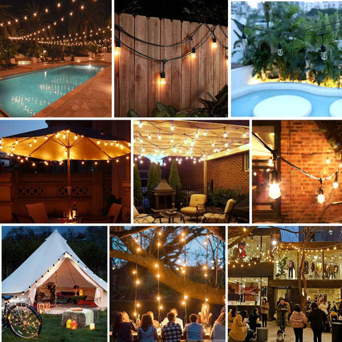 Go To Outdoor String Lights 96 Feet Total, Two 48 Feet Strands, Commercial Grade Heavy Duty Dimmable S14 Shatterproof LED Bulbs, installed in various outdoor settings like backyard and cafe.