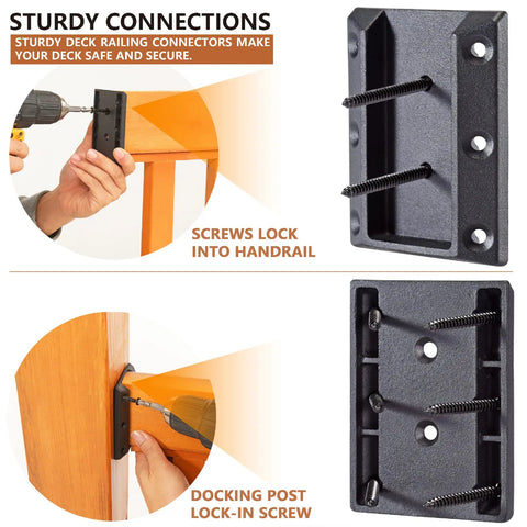 Image showing installation of Sturdy 304 Stainless Steel Deck Railing Connectors for 1.5x3.5 inch wood handrail, black finish.