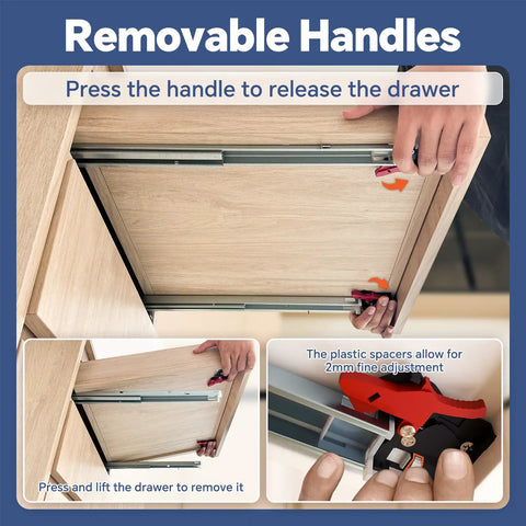 Top Shelf 12 Inch Undermount Drawer Slides With Smooth As Butter Soft Close Action shown with removable handles for easy drawer access.