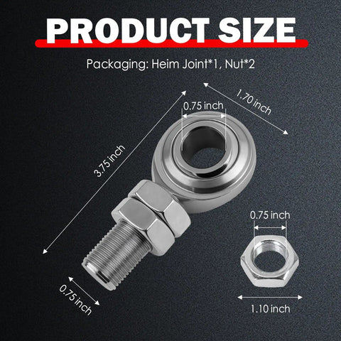 Rock Solid 3/4 Inch Heim Joints Kit With Right Hand Thread Rod Ends and Heavy Duty Steel Ball Bearings, 3.75 inch length.