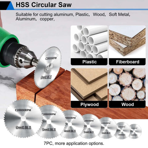 Front view of 45-piece HSS circular saw blade kit for rotary tools; includes 6 mandrels; for metal, wood, plastic, plywood, fiberboard.