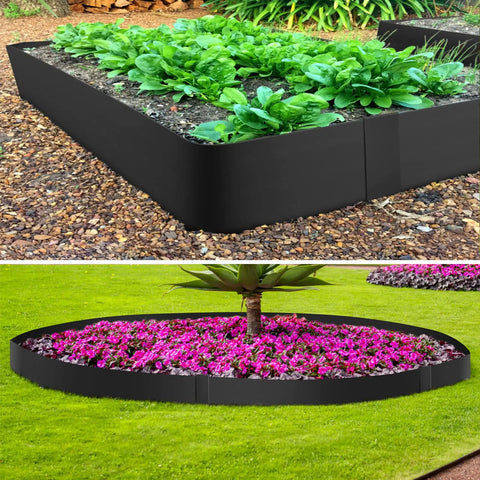 Heavy Duty 4 Inch Galvanized Steel Landscape Edging Kit, 6 Pack, in use in a garden, forming borders for plants and flowers, matte black finish