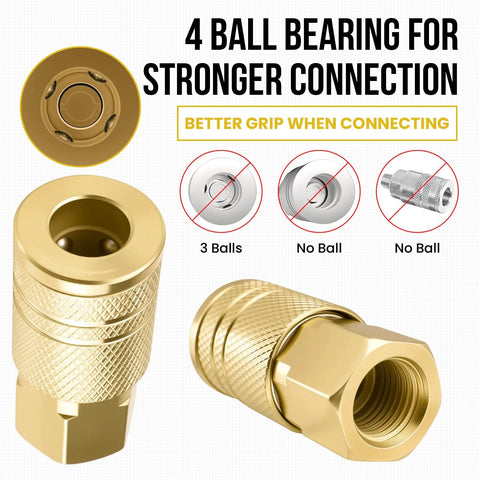 Close-up of Three Pack One Quarter Inch NPT Brass Air Coupler And Plug Kit With Quick Connect Fittings showing 4 ball bearing design.