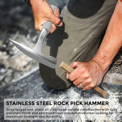 Man using Rock Hounding Kit With 22 Oz Hammer And 3 Chisels Set Dope Musette Bag Jeweler Loupe And Gloves For Gold Prospecting in quarry