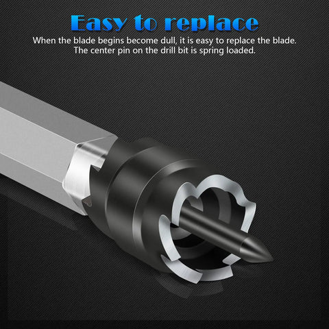 15 Piece Rotary Spot Weld Cutter Set With Double Sided HSS Three Eighths Inch Bits, close-up of hex metal hole cutter and spring-loaded pin