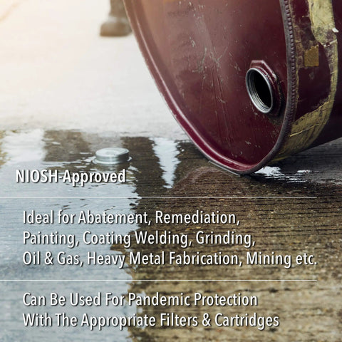 Full Facepiece Respirator For Tough Jobs Niosh Approved Small Size instructions against industrial drum background