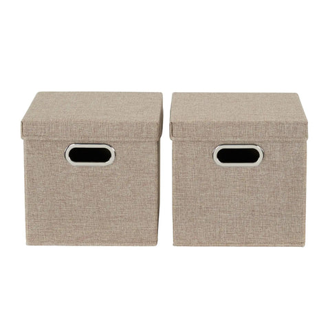 Heavy Duty Foldable Cube Storage Bins With Secure Snap Lids And Polished Chrome Handles In Warm Brown Linen Fabric For Closets Shelves And Bedroom Organization No Hassle Top Shelf American Craft, set of 2, 11.4x11.4x11 inches.