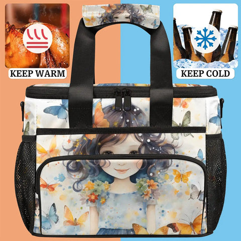 Insulated Picnic Backpack For Women And Men Large 12x8.7x10in Lunch Tote with colorful design and warm and cold icons