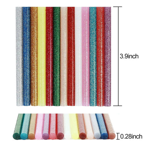 Colored Glitter Hot Melt Glue Sticks Set in 14 Colors, Mini Glue Sticks shown in various colors, sizes labeled 3.9 x 0.28 inches
