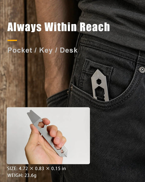 Absolute Badass Titanium EDC Pry Bar And Multi Wrench Combo For Daily Grind and Quick Fixes compact pocket tool seen in hand and pocket.