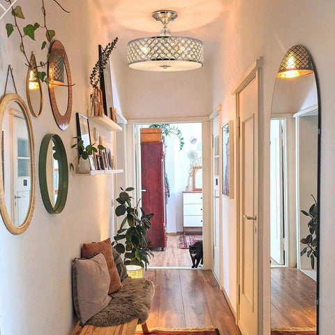 Crystal Chrome Ceiling Light Fixture With 3 Lights Flush Mount Round 15 Inch Chandelier illuminating a modern hallway.
