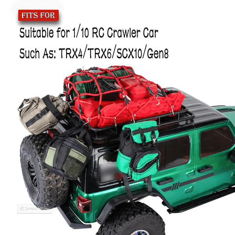 Roof Rack Accessory Kit For One Tenth Scale RC Crawlers TRX4 TRX6 SCX10 Red Cat Including Luggage Bag on green crawler