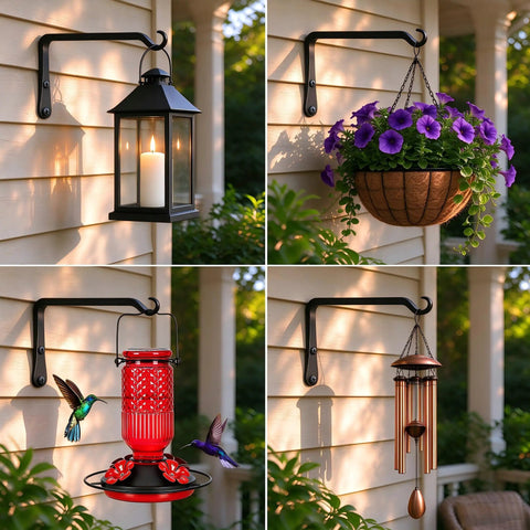 Heavy Duty Metal Wall Hooks For Hanging Plants 10 Inch 2 Pack Rust Resistant Black L Shape Brackets Holds 48 Pounds For Bird Feeders And Baskets Built Like A Tank For Indoor Or Outdoor Spaces with a lantern, flowers, feeder, and wind chimes.