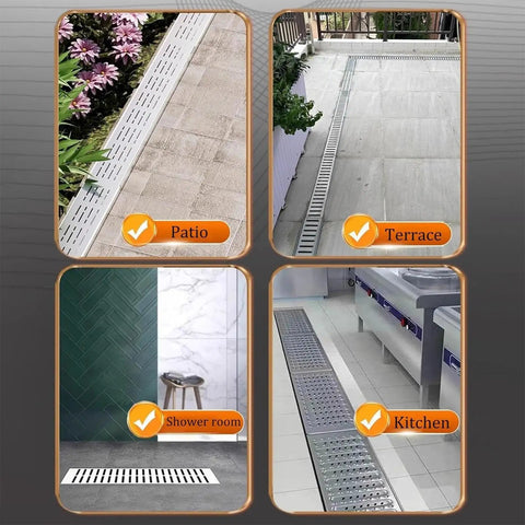Outdoor Trench Drainage Kit For Pathways And Lawns Hidden Driveway And Courtyard Drainage System Fast Water Management With Perforated French Design installed in various settings.