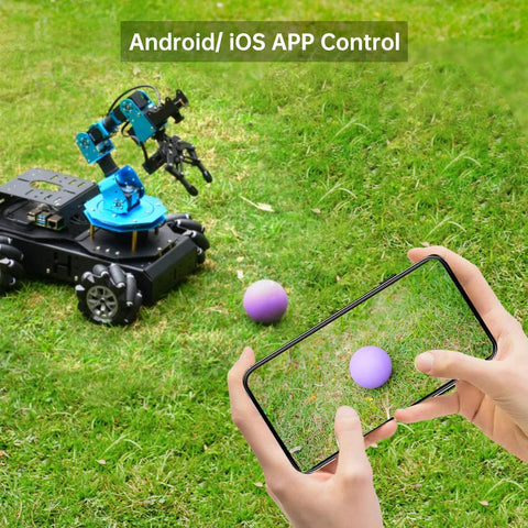 Raspberry Pi 6DOF Robotic Arm Kit with app control displayed on smartphone in grassy field showing AI vision capabilities.